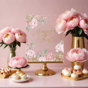 Elegant Gold Glitter Peony Florals Sweets & Treats Acrylic Sign