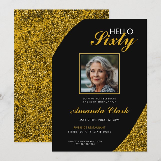 Elegant Gold Glitter Photo 60th Birthday Invitation (Front/Back)