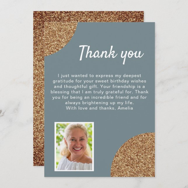 Elegant Gold Glitter Photo Birthday Thank You Card (Front/Back)