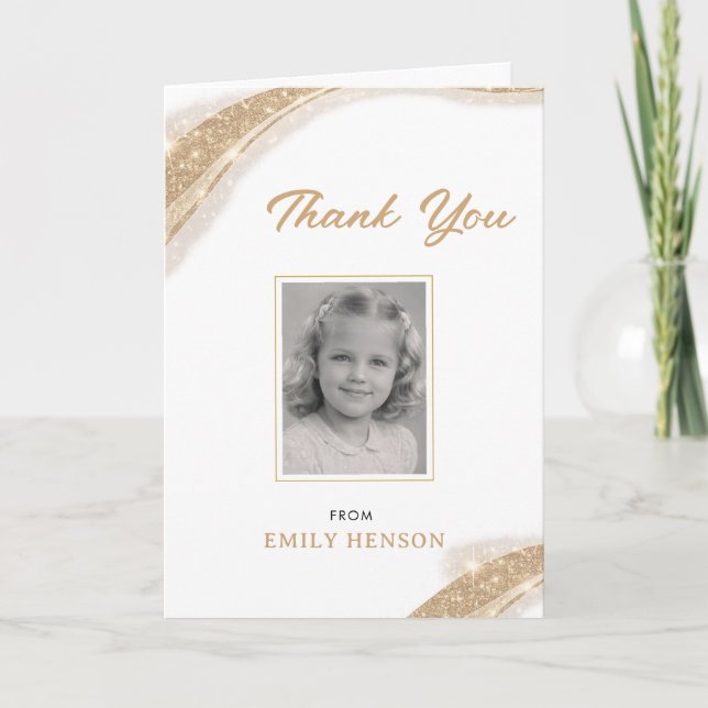 Elegant Gold Glitter Photo Birthday Thank You Card (Front)