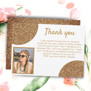 Elegant Gold Glitter Photo Birthday Thank you Card