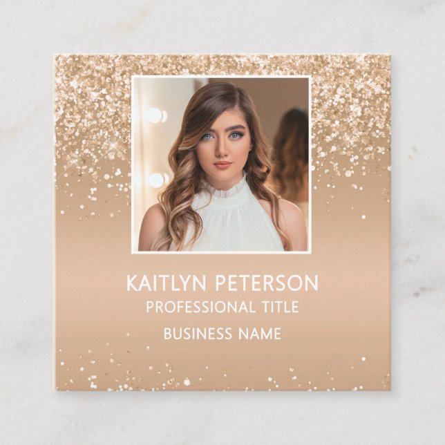 Elegant Gold Glitter Photo QR Code  Square Business Card (Front)