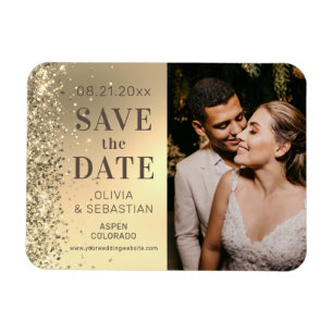 Elegant Gold Glitter Photo Wedding Save The Date Magnet