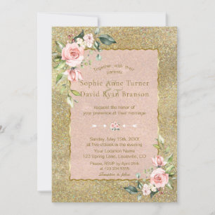 Elegant Gold Glitter Pink Blush Floral Wedding Invitation
