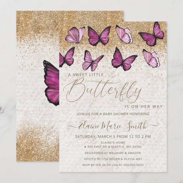 Elegant Gold Glitter Pink Butterfly Baby Shower Invitation (Front/Back)