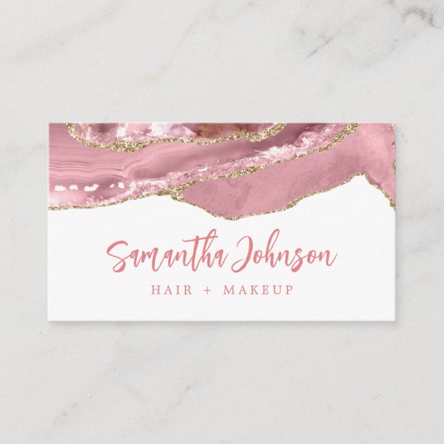 Elegant Gold Glitter Pink Marble Agate Watercolor Business Card (Front)