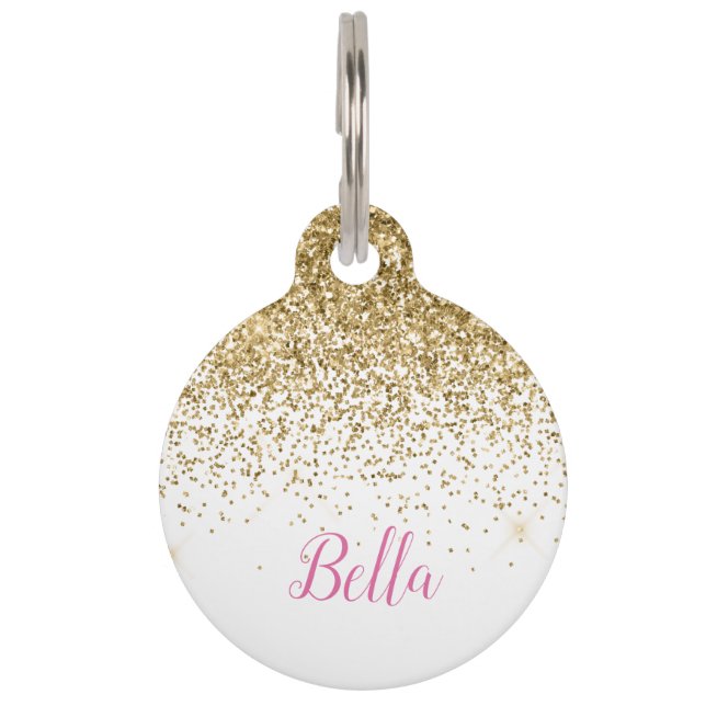 Elegant Gold Glitter Pink White Pet ID Tag (Front)