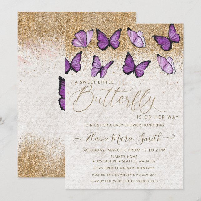 Elegant Gold Glitter Purple Butterfly Baby Shower  Invitation (Front/Back)