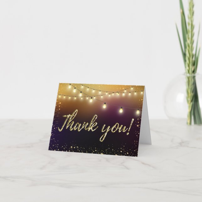 Elegant Gold Glitter Purple Lights Stars Thank you Card (Front)