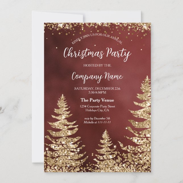 Elegant Gold Glitter Red Corporate Christmas Party Invitation (Front)