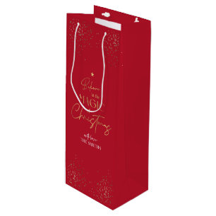 Elegant Gold Glitter Red Family Name Christmas Wine Gift Bag