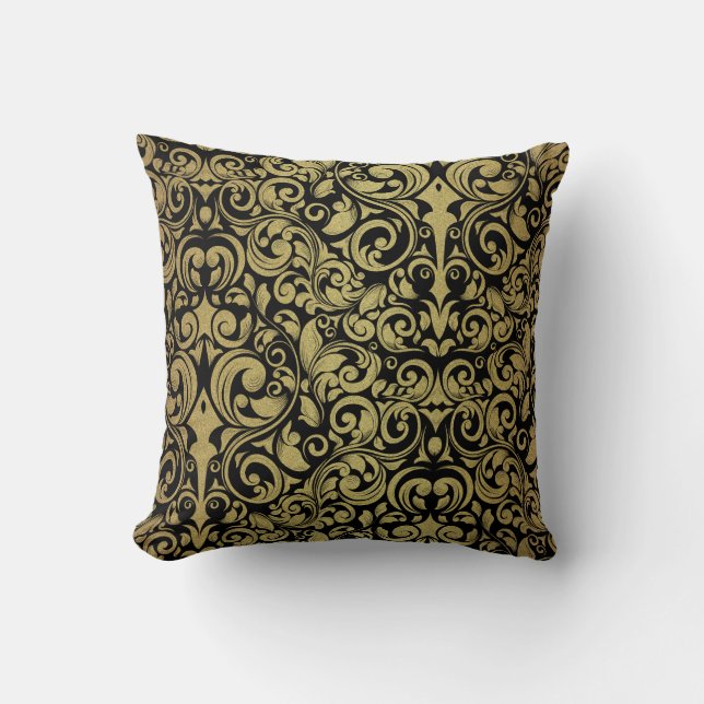 Elegant Gold Glitter Royal Black Damask Cushion (Front)
