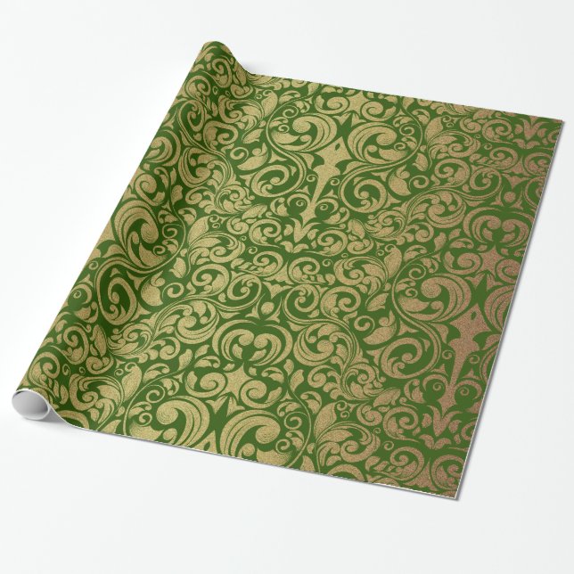 Elegant Gold Glitter Royal Green Damask Wrapping Paper (Unrolled)