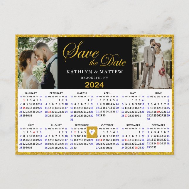 Elegant Gold Glitter Script 2 Photo Save the Date Announcement Postcard (Front)