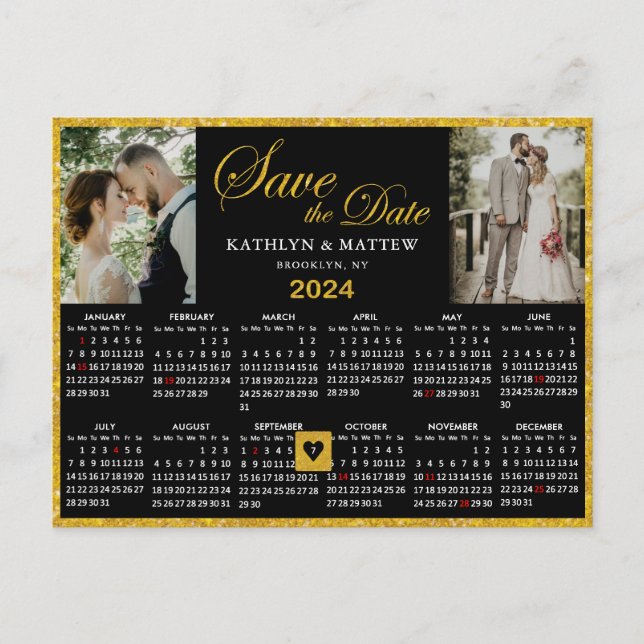 Elegant Gold Glitter Script 2 Photo Save the Date Announcement Postcard (Front)