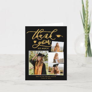 Elegant Gold Glitter Script Black Photo Graduation Thank You Card