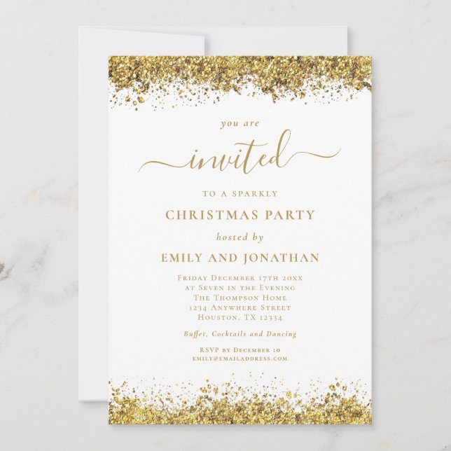 Elegant Gold Glitter Script Christmas Party Invitation (Front)