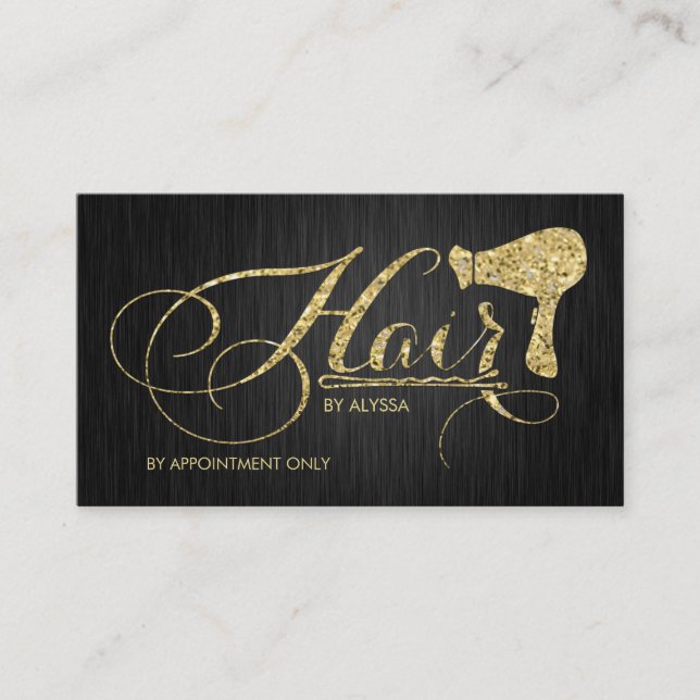 Elegant Gold Glitter Script Hair Stylist Appointment Card (Front)