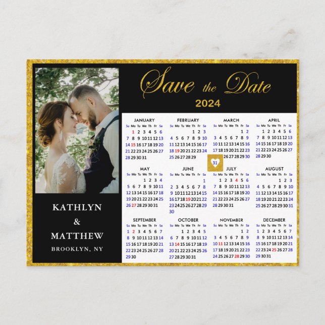 Elegant Gold Glitter Script Photo Save the Date Announcement Postcard (Front)