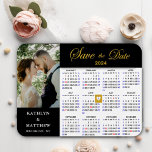 Elegant Gold Glitter Script Photo Save the Date Magnet<br><div class="desc">Elegant Gold Glitter Script ‘Save the Date’ Magnet featuring 2024 Yearly Calendar with a beautiful Photo. Let your family, friends and colleagues know that you have set a date for your wedding celebration with this elegant magnet. To move the Gold Heart shaped marker > click blue ‘Personalise’ > scroll down...</div>