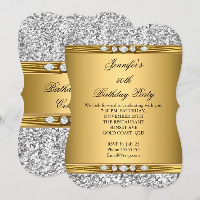 Elegant Gold Glitter Silver Diamond Birthday Party Invitation (Front/Back)