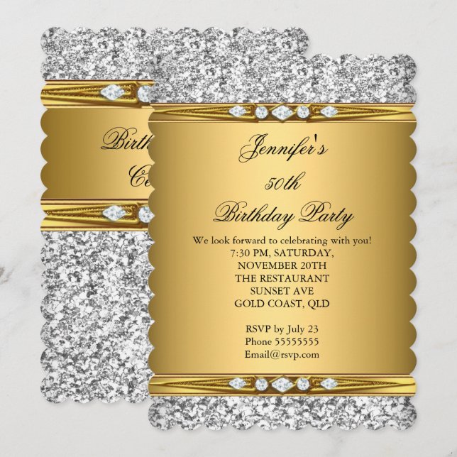 Elegant Gold Glitter Silver Diamond Birthday Party Invitation (Front/Back)