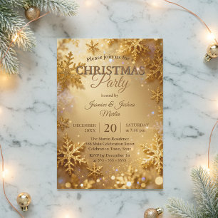 Elegant Gold Glitter Snowflake Christmas Party Invitation