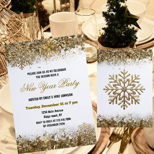 Elegant Gold Glitter Snowflake New Year Party Invitation