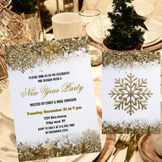 Elegant Gold Glitter Snowflake New Year Party Invitation