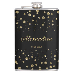 Elegant Gold Glitter Sparkle Black Personalise Hip Flask