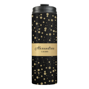 Elegant Gold Glitter Sparkle Black Personalise Thermal Tumbler