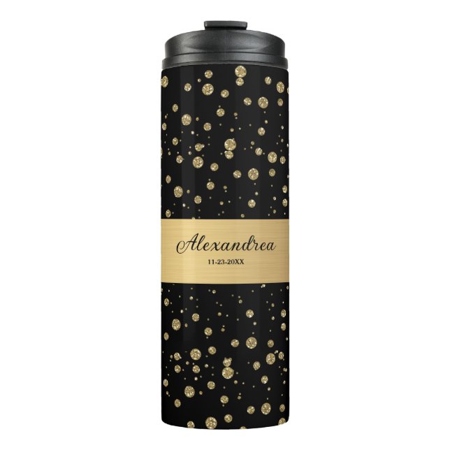 Elegant Gold Glitter Sparkle Black Personalise Thermal Tumbler (Front)