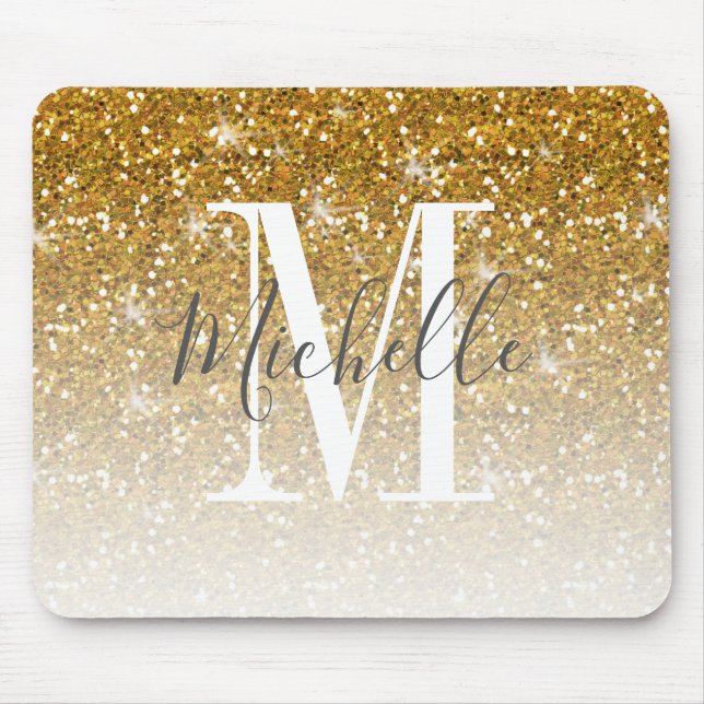 Elegant Gold Glitter Sparkle Monogram Name Mouse Mat (Front)