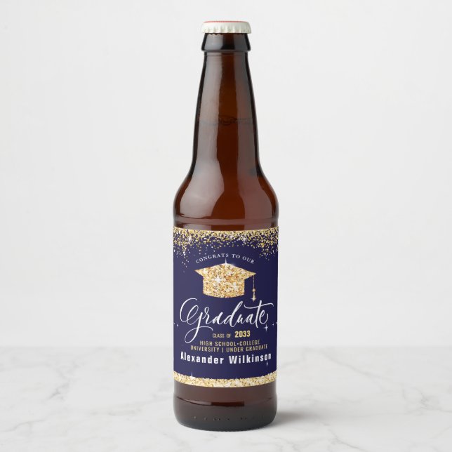 Elegant Gold Glitter Sparkling Graduation Party Beer Bottle Label (Front)