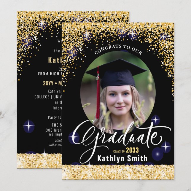 Elegant Gold Glitter Sparkling Photo Graduation Announcement (Front/Back)