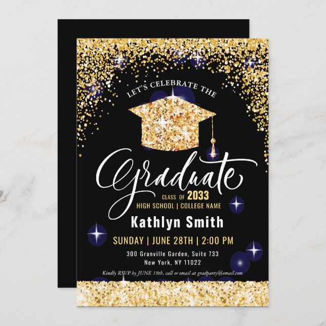 Elegant Gold Glitter Sparkly Graduation Invitation (Front/Back)