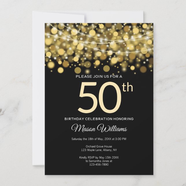 Elegant Gold Glitter String lights 50th birthday Invitation (Front)