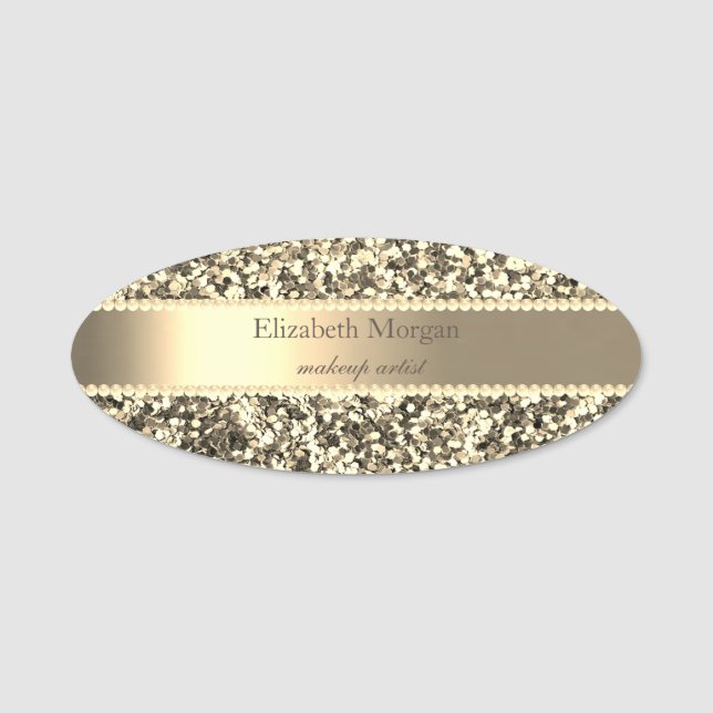 Elegant Gold Glitter ,Stripe, Pearls Name Tag (Front)