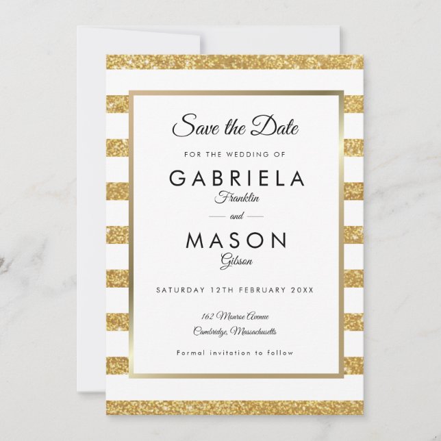 Elegant Gold Glitter Stripe Save The Date (Front)