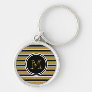 Elegant Gold Glitter Stripes Monogram Key Ring