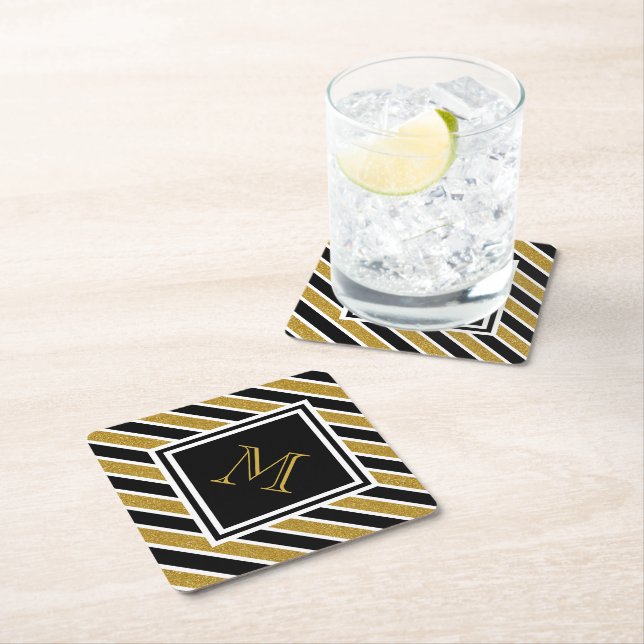 Elegant Gold Glitter Stripes Monogrammed Paper Coaster (Insitu)