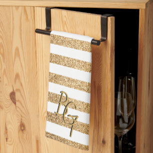 Elegant Gold Glitter Stripes with Initials Tea Towel