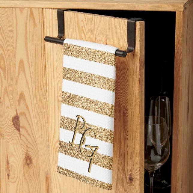 Elegant Gold Glitter Stripes with Initials Tea Towel (Thirds Fold)