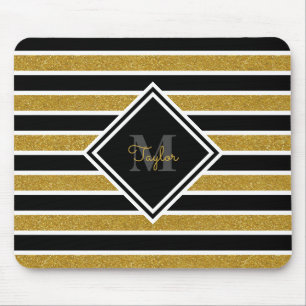 Elegant Gold Glitter Stripes with Name Monogram Mouse Mat