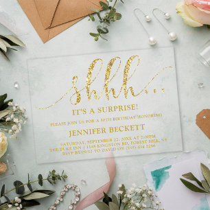 Elegant Gold Glitter Surprise Birthday Party Acrylic Invitations