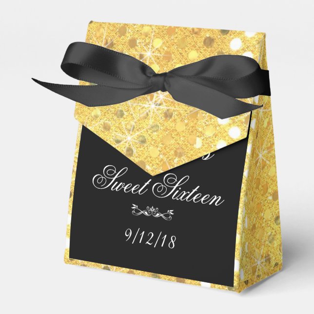 Elegant, Gold Glitter, Sweet 16, Custom Party Favour Box (Front Side)