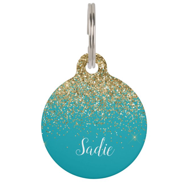 Elegant Gold Glitter Teal White Pet ID Tag (Front)