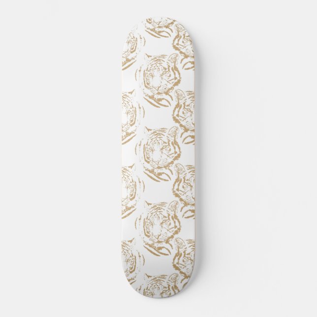 Elegant Gold Glitter Tiger Print White Design Skateboard (Front)
