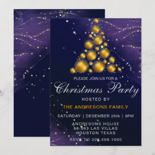 Elegant Gold Glitter Tree blue Christmas Party  Invitation