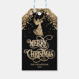 Elegant Gold Glitter Trumpet Angel Merry Christmas Gift Tags